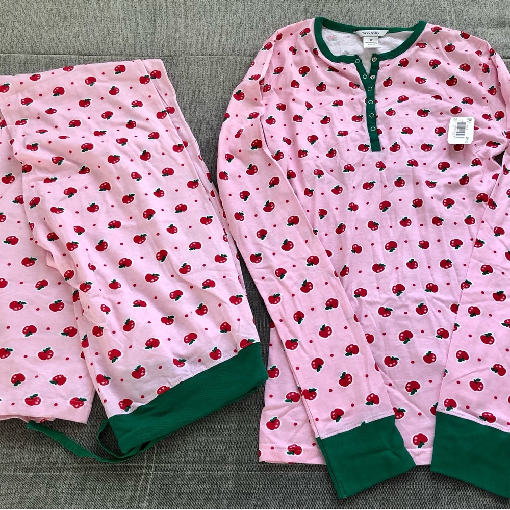 New NWT Tall Girl Small S cotton pink pajamas red apples pants top set 2pc women